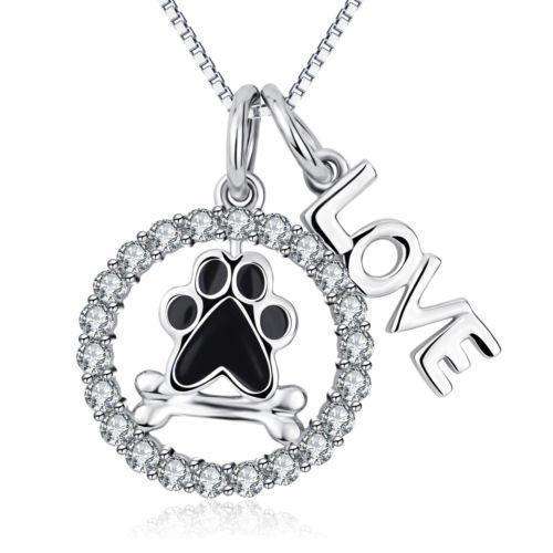 925 Sterling Silver CZ Pet Paw Print and Puppy Dog Bone "Love" Necklace 18"