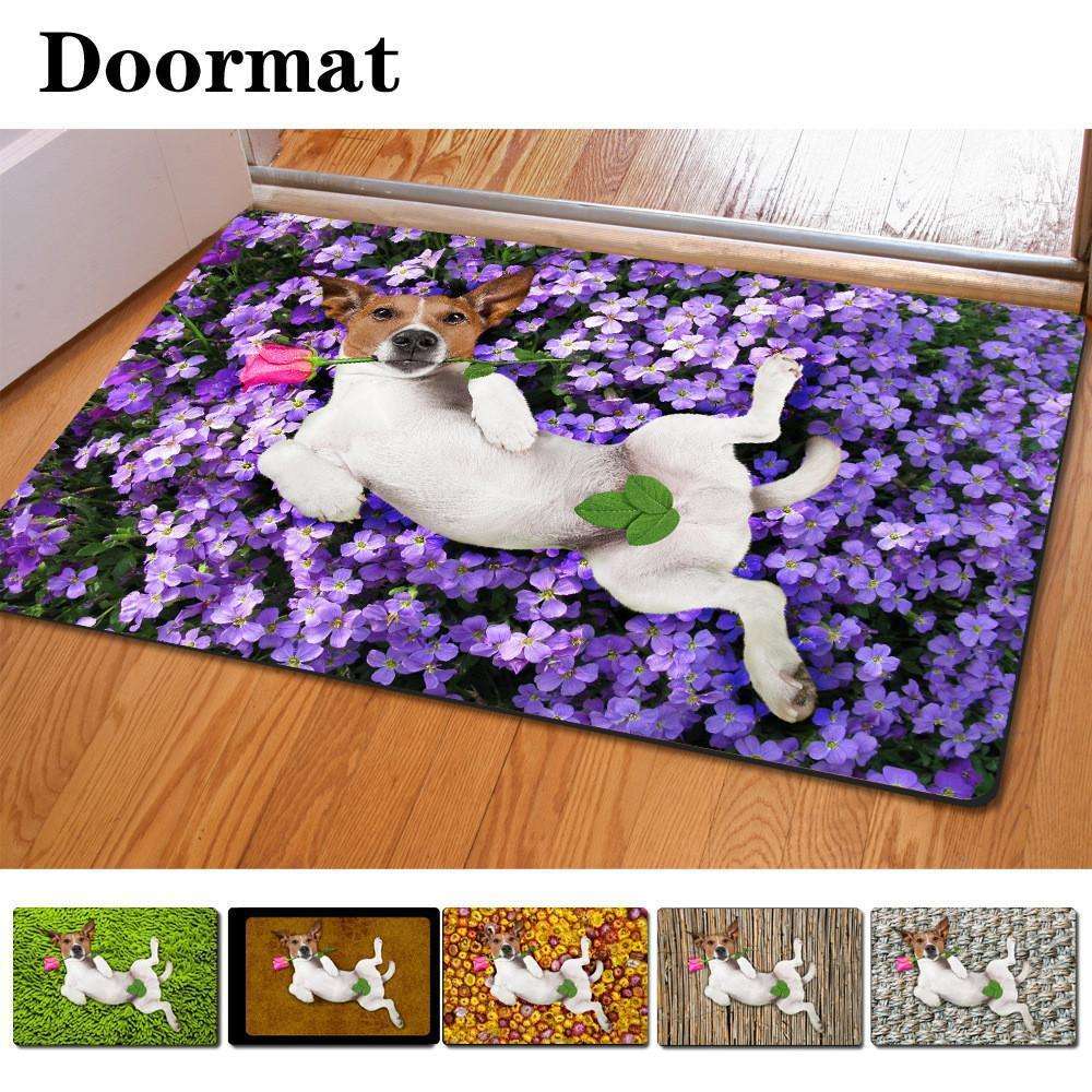 Non-slip 3D Printed Doormats Lying White Dog Printing Rubber Door Mat